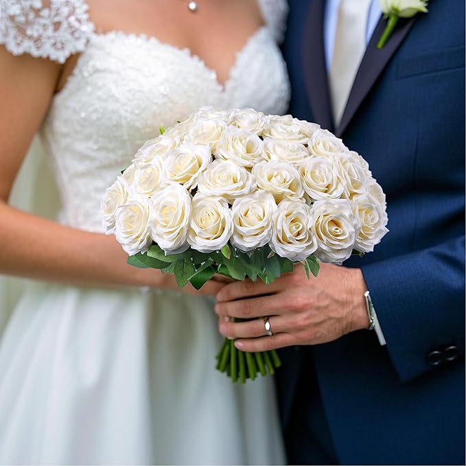 Artificial Rose Flower Ivory Flowers Ivory Roses White Roses Silk Flowers 50 pcs with Long Stem Silk Roses Bouquet for Wedding Bridal Shower Party Home Decoration