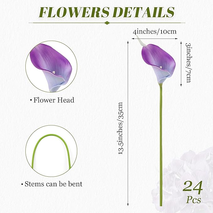 24 Pcs Purple Artificial Calla Lily Flowers Fake Purple Silk Flowers Real Touch for Wedding Bouquet Office Home Kitchen Decor