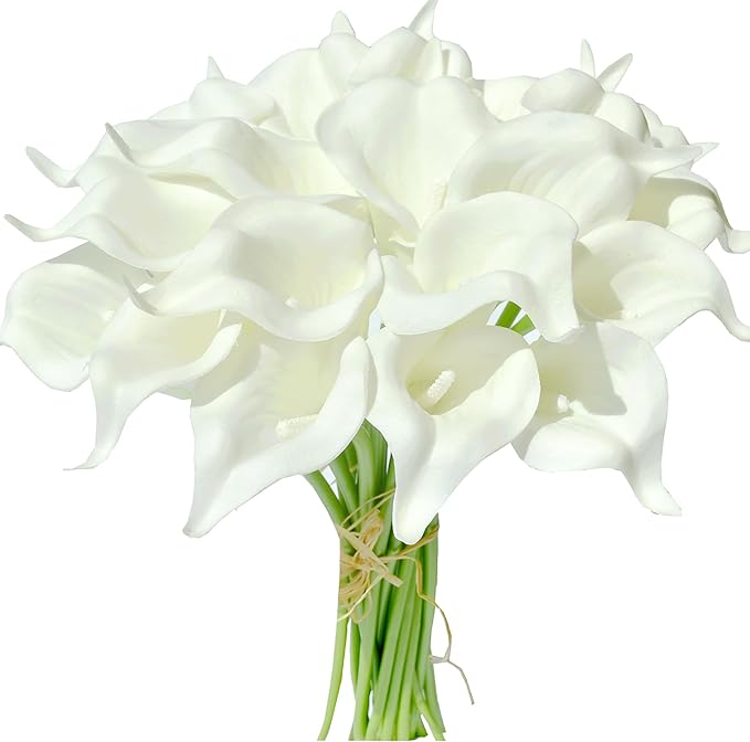 Mandy's PU Pure White Calla Lily Artificial Flowers 20 Stems 13.5in Faux Realistic Centerpiece for Thanksgiving and Christmas Decorations DIY Bridal Bouquet Home Décor