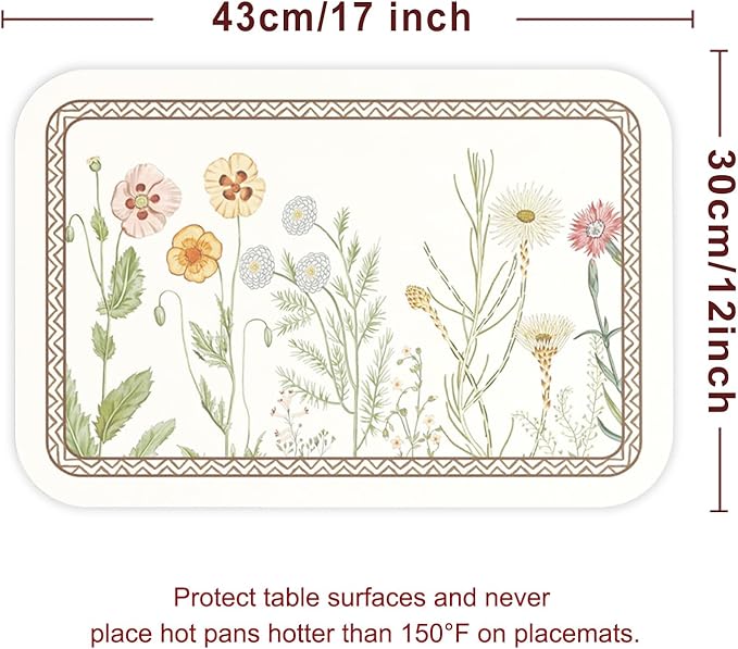 ISAENNE Designer Cottage Rectangular Placemats Set of 6,Flower Pattern PVC Placemat, Waterproof and Heat-Resistant Pastoral Style,Decoration for Kitchen,Dinning,Parties, Holiday,12"*17"
