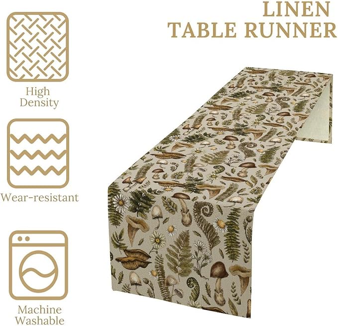 Vintage Woodland Mushroom Table Runner, Rustic Forest Green Plants Wild Mushroom Ferns Daisy Print Kitchen Dining Table Runners for Indoor Outdoor Home Party Holiday Decor, 13x60inch