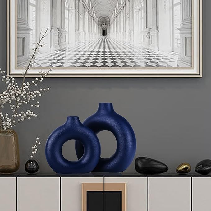 Navy Blue Vase Decor Donut Vase Set of 2 - Circle Hollow Vases, Modern Matte Ceramic Vases for Entryway Living Room Bedroom Dining Table Centerpiece Office Home Decor