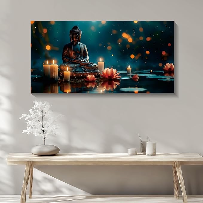 Iallbin Buddha Wall Art & Zen Wall Decor, White Lotus on Water Canvas Painting - for Yoga Meditation Room, Spa & Bathroom, Blue Art Deco Style, 58x29 Inches