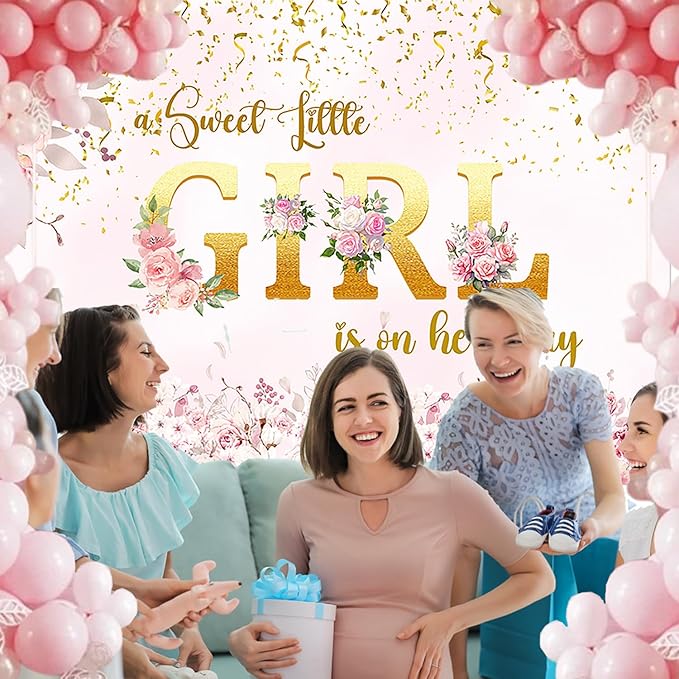 Large 7 x 5ft Girl Baby Shower Backdrop Banner - Pink Floral Sweet Little Girl is on Her Way with 19.68ft (6m) Ribbon for Baby Shower Decorations, Photography & Party Backdrop