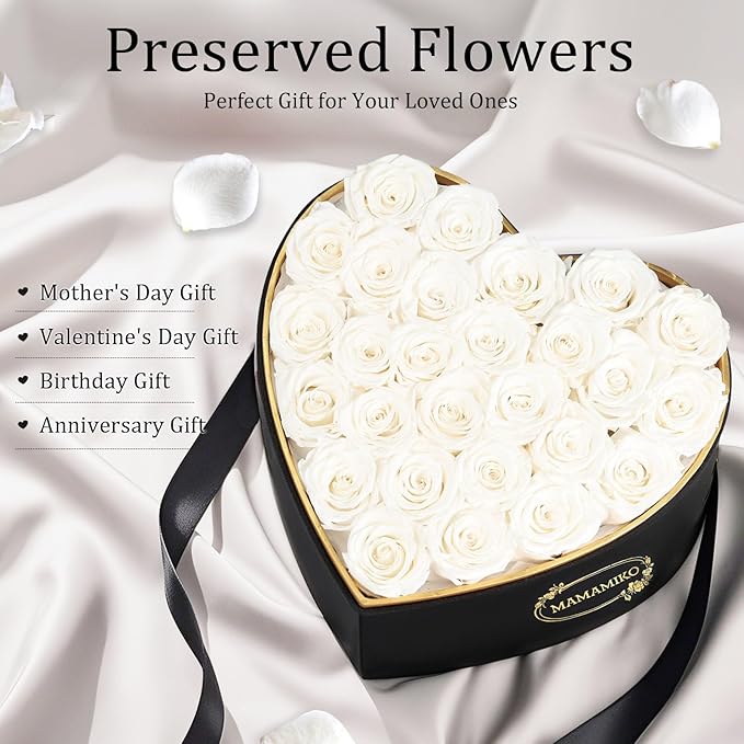 27 Preserved Roses in Heart Shape Gift Box for Her - Forever Flowers for Delivery, Eternal Rose Mothers Gifts for Mom, Wife Anniversary Birthday Gifts for Women, White