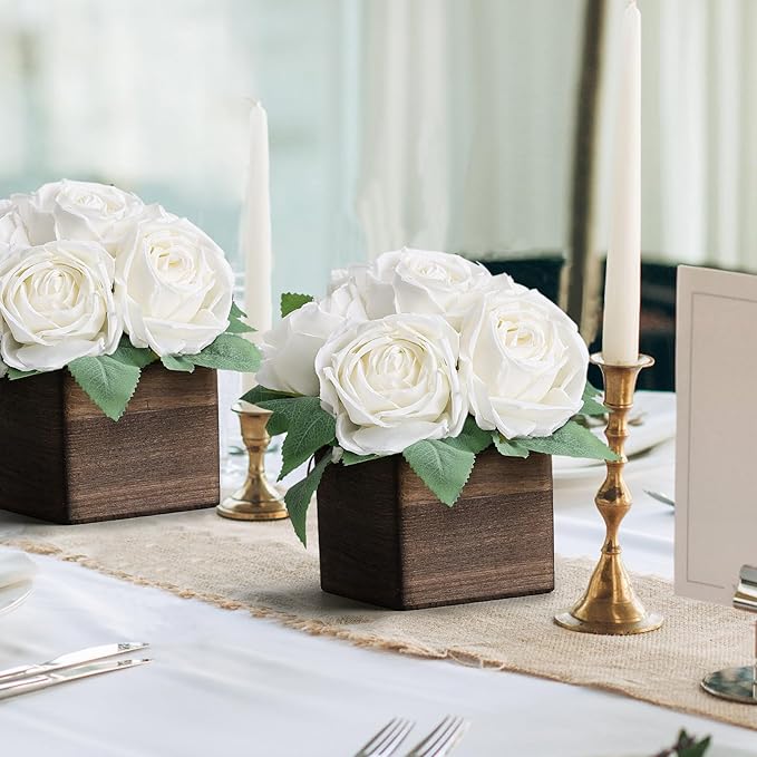 Dining Table Centerpiece Set of 3 - Pre-Made Aritifial Rose with Wooden Vase Fake Floral Arrangment Faux Flower for Wedding Bridal Tea Party Event Decorations - White