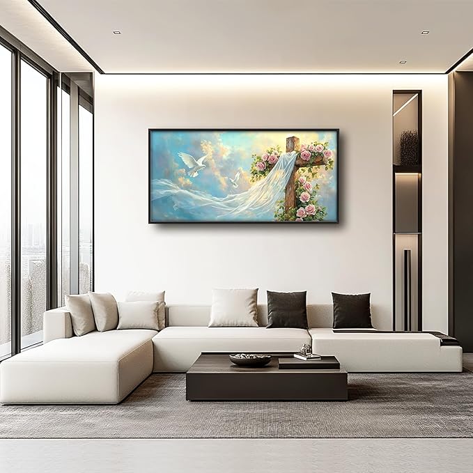 Christian Cross Large Wall Art Religious Faith Hope Pictures Wall Decor Dove Flowers Heaven Canvas Painting Prints Framed Artwork Home Church Decorations for Prayer Bedroom Living Room 60"x30"