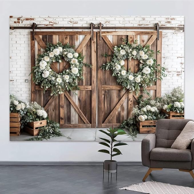 Rustic Barn Door Photography Backdrops, White Flower Wood Brown Barn Door Backdrop, Wedding Birthday Party Decors Photo Booth Props 10x8ft