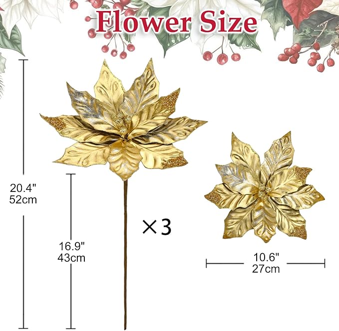 DILATATA 3 Pcs Artificial Christmas Flowers 11 Inch Glitter Poinsettia Picks Christmas Tree Ornaments Topper Decorations Gold Poinsettias Flowers for Xmas New Year Wreath Garland Wedding Party Decor