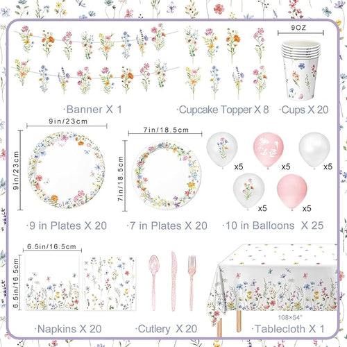 175 PCS Spring Wildflower Party Decorations include Plates, Cups, Napkins, Cutlery, Cake Toppers, Banner, Tablecloth, Balloons for Floral Baby Shower Birthday Decorations, Serves 20