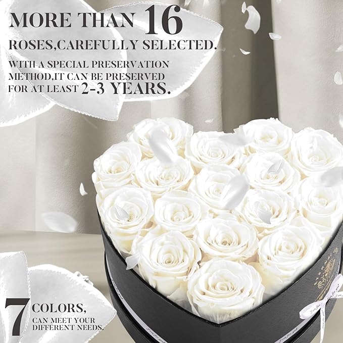 16-Piece Forever Flowers Heart Shape Box - Preserved Roses, Birthday Gifts for Women- Flower Delivery Prime, Valentines, Anniversary, Wedding Gifts- White Roses