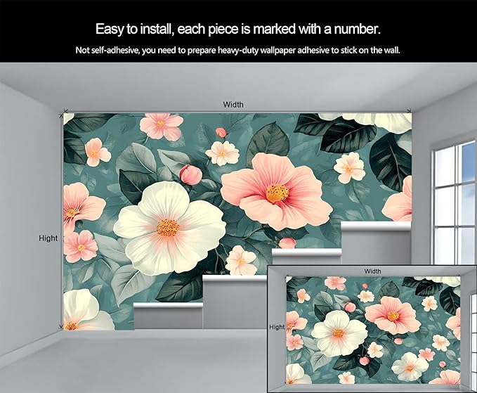 Vintage Hibiscus Flower Wall Mural, Romantic Floral 3D Wall Murals, Botanical Bloom Design Wallpaper Mural, for Living Room Bedroom Large Wallpaper Indoor Decor 169.3" W x118.2 H