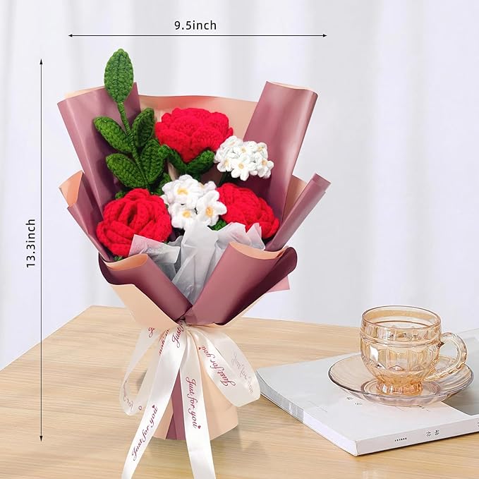 Crochet Rose Flower Bouquet, Red Rose Forget Me Not Knitted Artificial Flowers, Handmade Finished Crochet Bouquet, Gift for Mother Wife Women