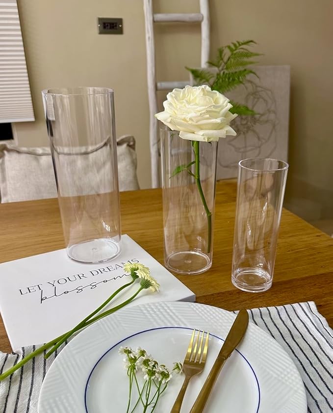 KLIFA- Carlsbad- Set of 4 Pieces, 6, 7, 9 & 10 Inch Tall, Plastic Cylinder Vases for Centerpieces, Acrylic Flower Vase for Wedding Centerpieces, Home Decorations, Clear