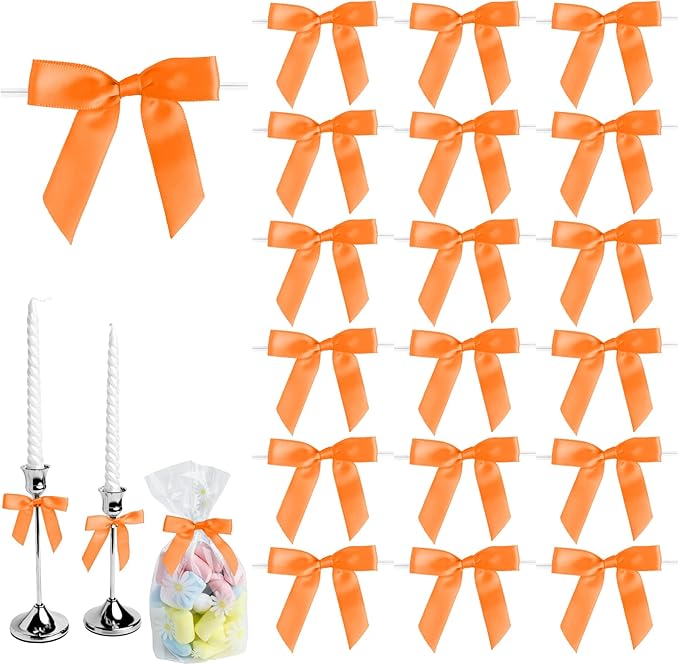 50 PCS Orange Twist Tie Bows 2.5" Satin Ribbon Bows Decor for Gift Wrapping Craft Treat Bags Cake Pop Basket, Wedding Baby Shower Birthday Party Favors
