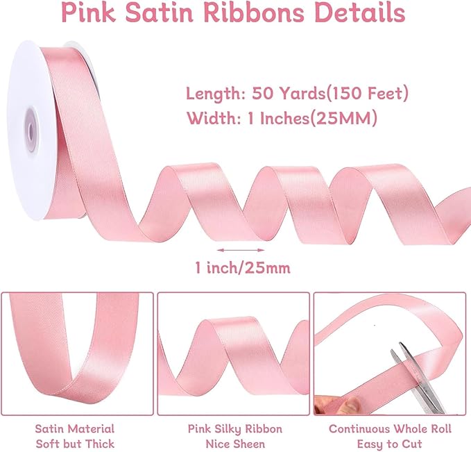 Pink Ribbon 1 Inch 50 Yards Pink Bows Satin Ribbon for Leis Hair Garland Crafts Garden Decor Baby Shower Wedding Christmas Gift Wrapping Decorations