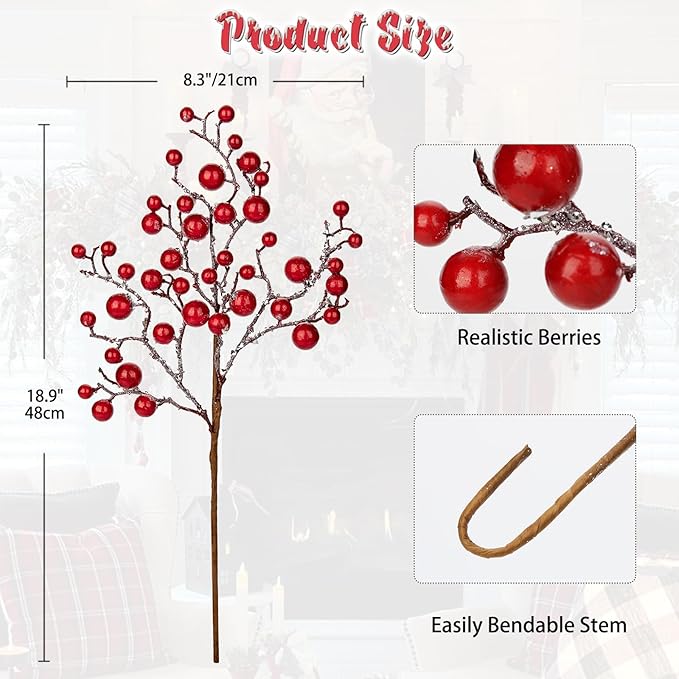 Hollyone 4 Pack Artificial Christmas Glitter Berries Stems, 19 Inch Fake Red Holly Berry Picks with Ice Snow for Christmas Tree Wreath Floral Arrangements Holiday Home Vase DIY Crafts Decor