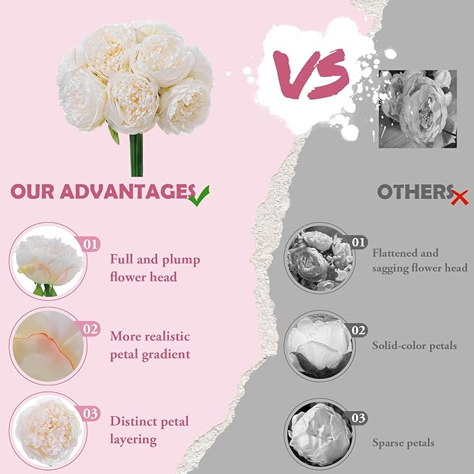 10PCS Off White Realistic Artificial Flowers Peony Fake Silk for Home Office Wedding Table Centerpieces Party Festival Bar Decoration Indoor