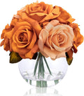 Artificial Flowers Arrangements in Vase with Faux Water, Artificial Orange Silk Rose Bouquet with Vase for Winter Seasonal Home Christmas Wedding Party Centerpieces Decor & Gift (Orange Champagne)