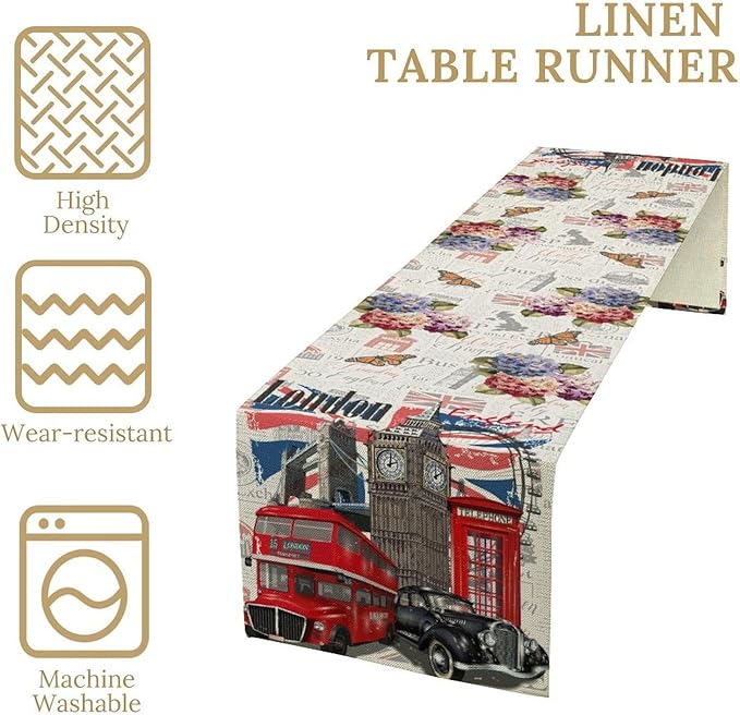 British Table Runner, Seasonal Vintage Floral England London Culture Element Coffee Table Center Decor for Home Kitchen Dining Patio Holiday Party Table Decorations 13x90 inches