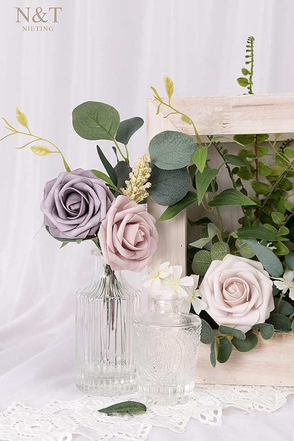N&T NIETING Artificial Flowers, 25Pcs Fake Flowers Roses Perfect for DIY Wedding Bouquets Centerpieces Bridal Shower Party Home Flower Arrangement Decorations, Dusty Rose Series