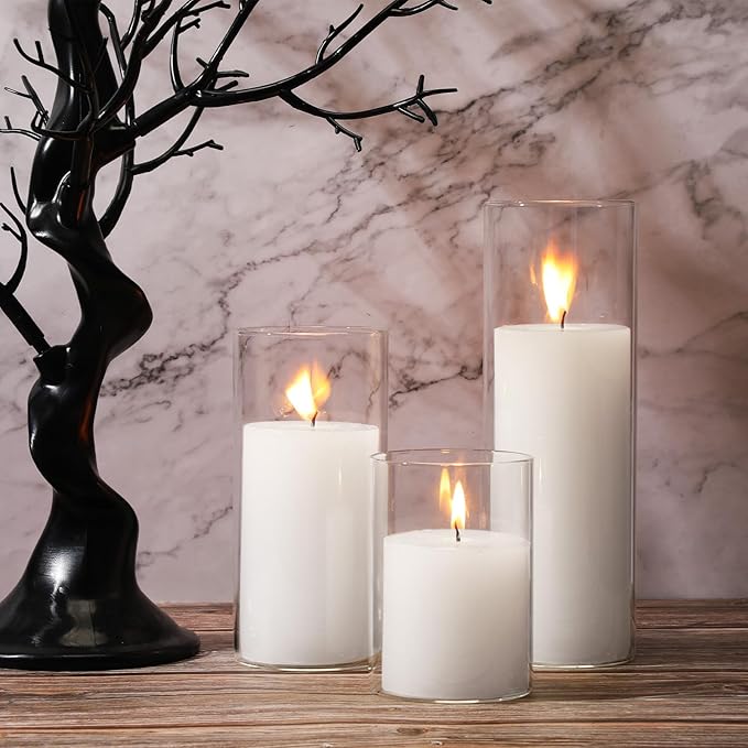 Shihanee 36 Pcs Pillar Candles with Glass Cylinder Vases Tall Hurricane Candle Holders Cylinder Vases for Centerpieces Wedding Party Decor, Total 18 Sets(Clear,White)