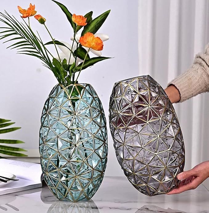 Hand Painted Gold and Green Diamond Shaped Glass Crystal Vase 13.6 inch Tall (Hand Painted Gold and Green)