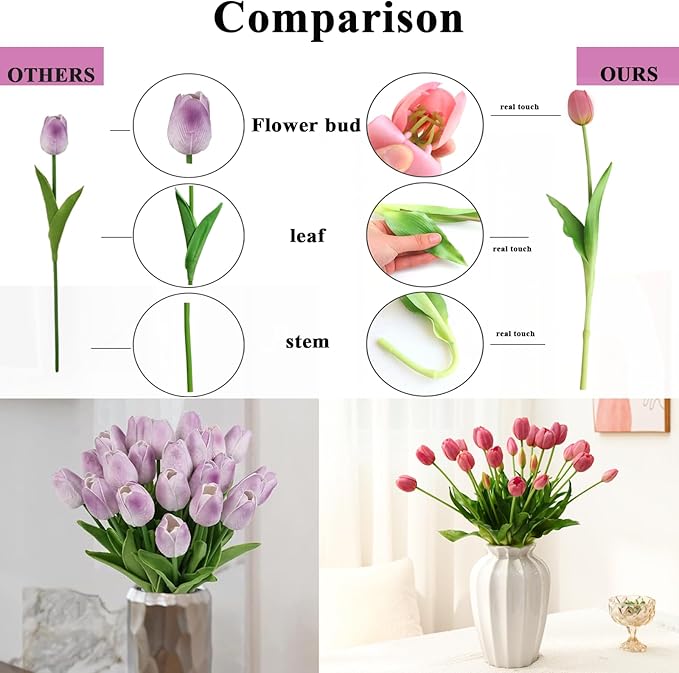 Artificial Flowers 20pcs Fake Tulips Real Touch, Faux Latex Tulips Flowers with Gift Box Soft Faux Tulips Bouquets Arrangements for Party Wedding Home Room Decoration(Light Purple)