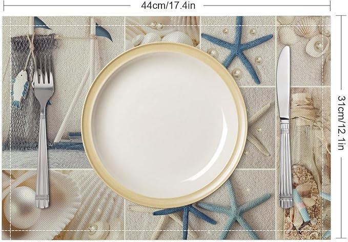 Nautical Themed Placemats Coastal Lighthouse Starfish Collage Plaid Art Printed Dining Table Mats Set of 4 for Restaurant Home Kitchen Holiday Picnic Party Decor 12x18in