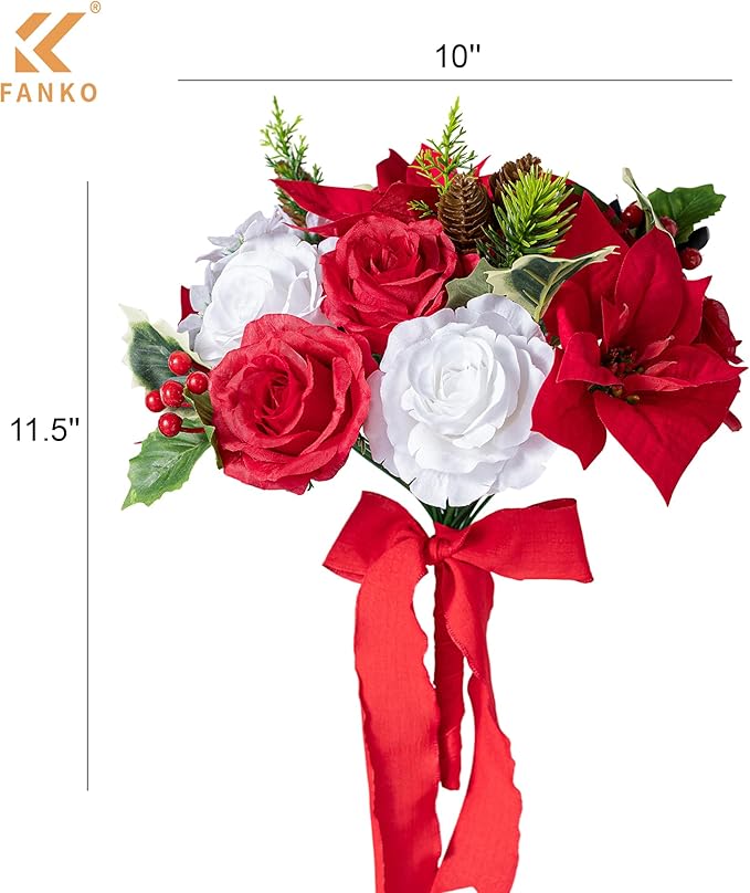 FANKO Christmas Artificial Flowers Rose: Red Poinsettias Artificial Fake Silk Red & White Rose Combo Set for DIY Tree Decor Xmas Wreath Floral Arrangements Centerpieces