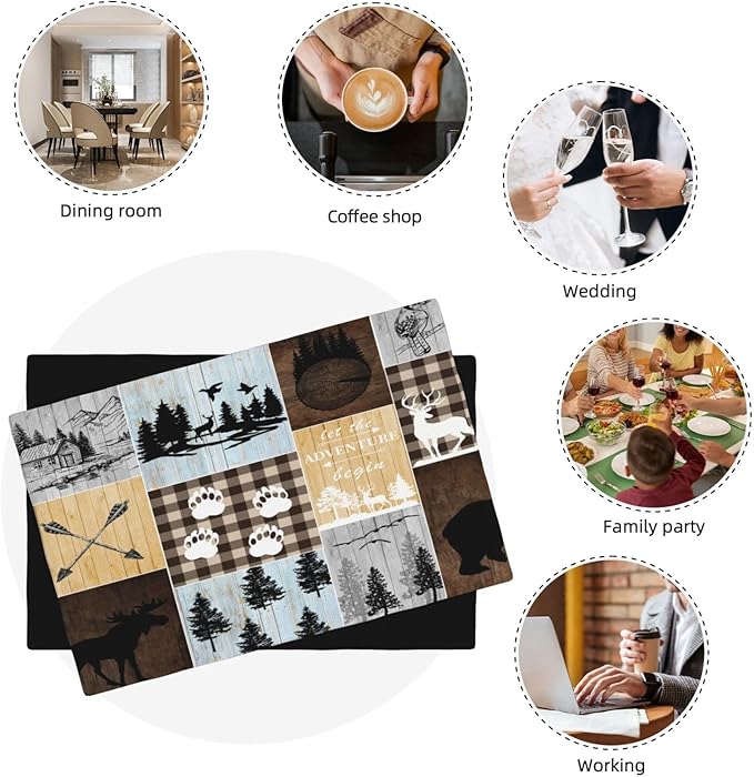 Rustic Lodge Bear Deer Placemats 6 Pcs,Vintage Cabin Pine Cone Plaid Place Mats,Linen Dining Table Mats Home Kitchen Decor, 18 X 12 Inch 6 PCS, Style-22