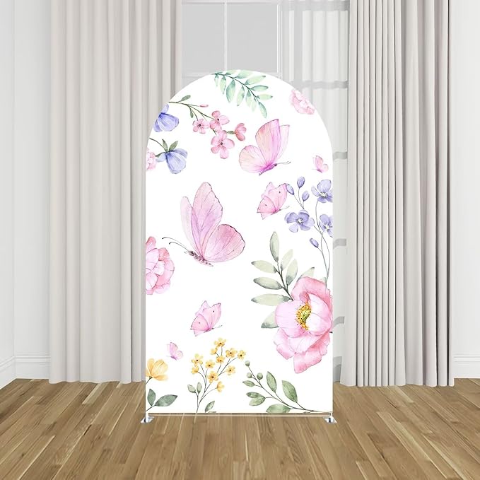 KONPON Pink Butterfly Arch Fabric Backdrop Covers Spring Theme Stretchy Arched Cover for Girls Birthday Baby Shower Party Decoration Supplies (No Stand!)