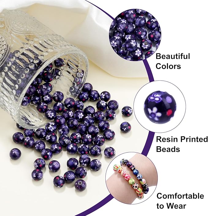 100 PCS 10mm Resin Beads Bulk for Bracelet Making Kit, Blue Flower Printed Round Loose Beads for Jewelry Earring Necklace Rings Art Craft DIY Projects