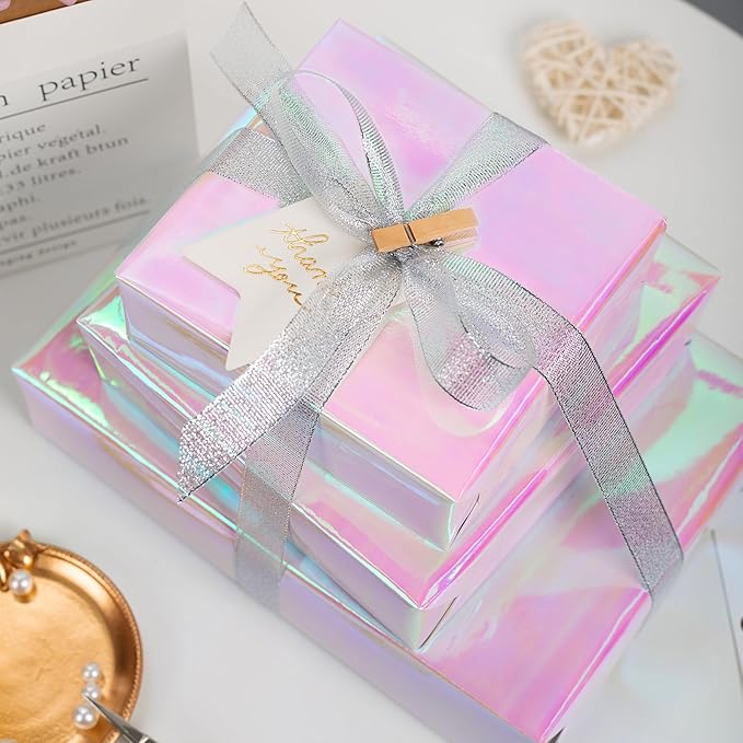 Metallic Iridescent Wrapping Paper - 17Inch x 33Feet - Girly Pink Iridescence Holographic Pattern Girls Fairy Gift Wrap Present Paper for Birthday Wedding Bridal Shower Valentine's Day Mother's Day