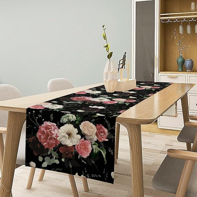 Floral Table Runner,Vintage Gothic Flowers Plant Prints Table Runner for Home Kitchen Table Decor Dining Coffee Room Party Decor 13x120 Inch