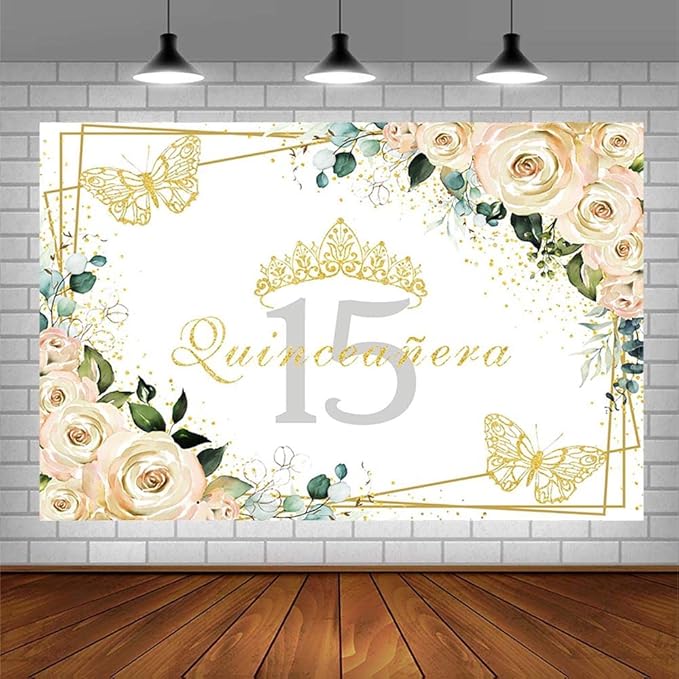 Sendy 7x5ft Quinceañera Backdrop Mis Quince 15 Anos Birthday Party Decorations Supplies Girl Princess White Floral Gold Crown Butterfly Photography Background Banner Photo Booth Studio Props Vinyl