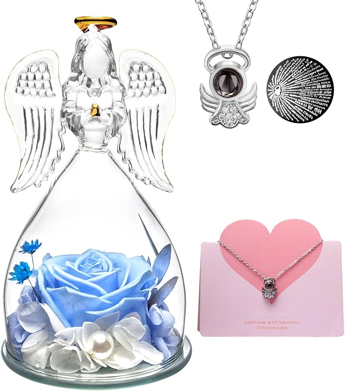 Gifts for Women Birthday Christmas Preserved Rose Forever Flowers in Glass Angel Figurines Fresh Flowers for Delivery for Mom Real Roses for Grandma Wife Her from Daughter (Light Blue Rose+necklace)