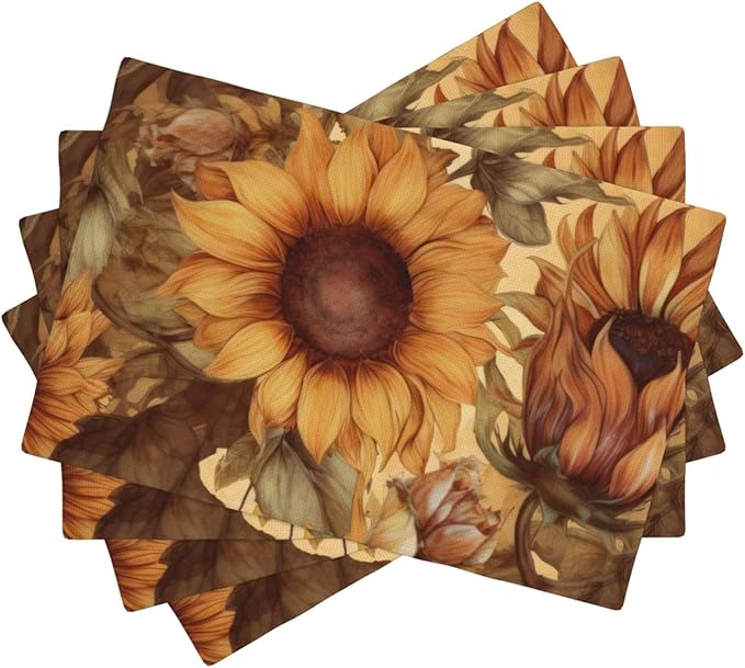 Placemats 4 pcs Sunflower Double-Layer Imitation Linen Place Mats Non-Slip Heat-Resistant Tablemats for Home Restaurant Hotel 18×12 Inch