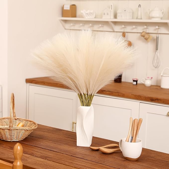Faux Beige Pampas Grass - 30pcs 24 Inch Boho Home Decor, Artificial pompas Floral, Small Fake Pompous Grass for Table Centerpieces, Wedding and Baby Shower Decorations (Beige, 30 Pieces)