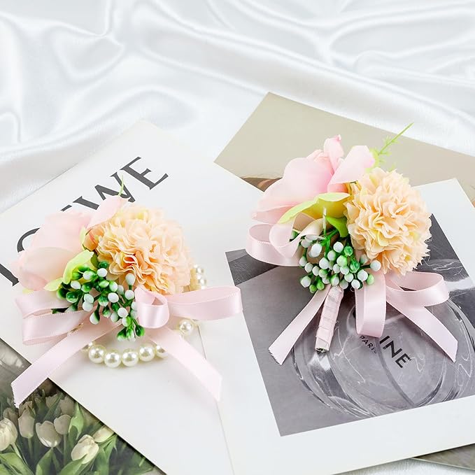 SITUMEIZI 2Pcs Pink Corsage and Boutonniere Set,Corsage Wristlet for Prom Decor,Boutonniere for Men Wedding Flowers Accessories Party Suit Decoration