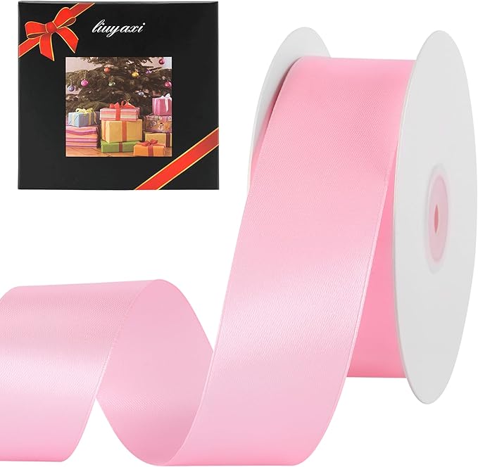 LIUYAXI 1-1/2 Inches 50 Yards Pink Satin Ribbon, Solid Fabric Ribbon Roll for Flower Bouquets, Gift Wrapping, Wedding, Handmade Crafts