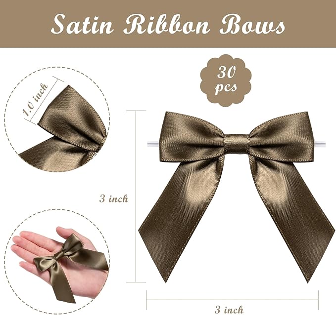 WRAPAHOLIC 30 Pcs 3" Brown Satin Ribbon Bows with Twist Tie - Pretied Premade Craft Bows for Christmas Party Crafts Treat Bags Gift Wrapping Wedding Birthday Baby Shower