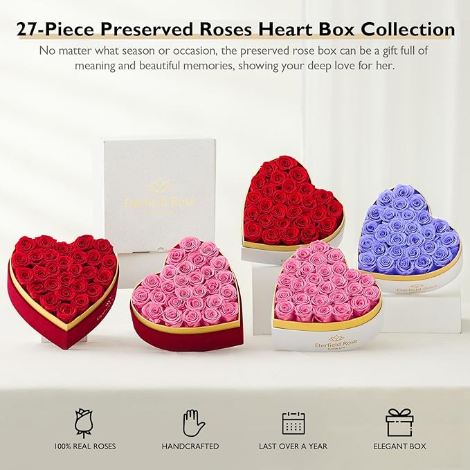 Eterfield 27 Forever Flowers in Heart Shape Box, Preserved Roses That Last a Year Preserved Flowers Birthday Gifts for Her Mom Women Wife Anniversary Valentines Day Mothers Day Christmas, Red