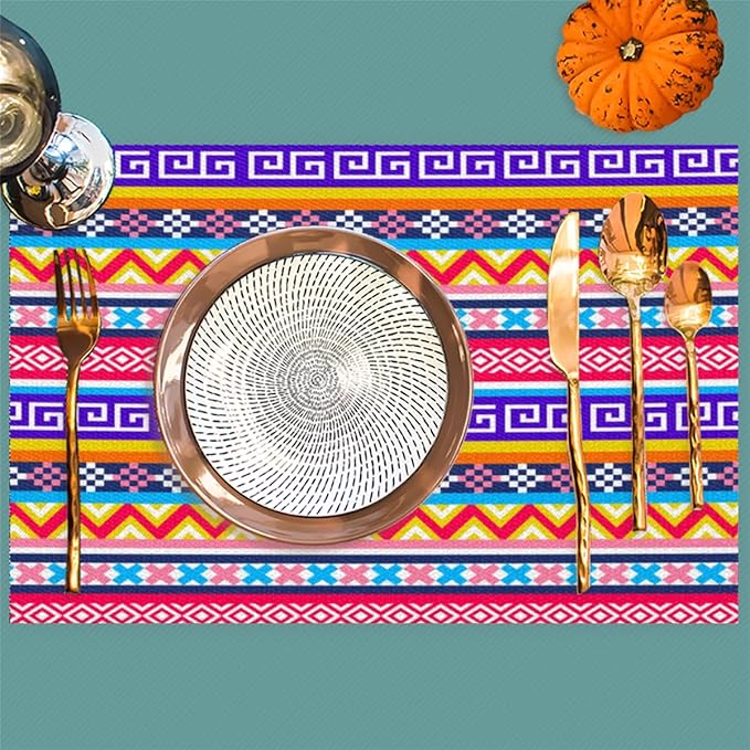 Aztec Rainbow Western Placemats Set of 1 PVC Vinyl Non Slip Table Mats Waterproof Heat Resistant Place Mats Washable Wipeable Dining Table Mat for Kitchen Party Indoor Outdoor Decorative