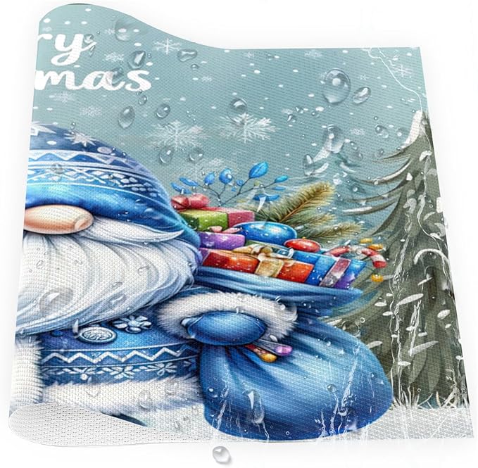 Xmas Christmas Gnomes Bule Snowflake Placemats Set of 6 PVC Vinyl Non Slip Table Mats Heat Resistant Place Mats Washable Wipeable Dining Table Mat for Kitchen Party Indoor Outdoor Decorative Gift
