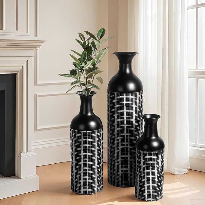 Tall Floor Vase Set of 3, Large Black Metal Vase with Minimalist White Lines & Detachable Vases Mouth, Big Modern Decorative Vases for Living Room,Hallway,Dining Rooms,Office,Kitchen.