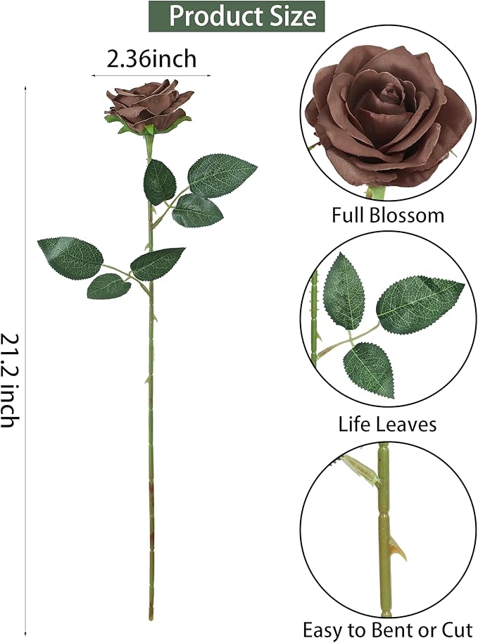 DuHouse 10pcs Fake Roses Artificial Silk Flowers Long Stems Bouquet for Arrangement Wedding Centerpiece Party Home Kitchen Decor(Mocha Brown)