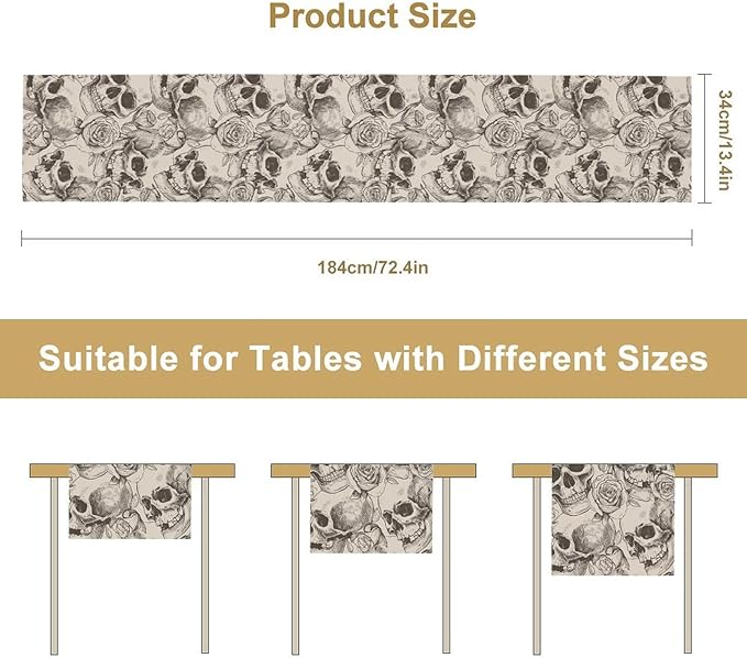 Gothic Table Runner,White Skull Floral Print Table Runner for Home Kitchen Table Dining Garden Farmhouse Wedding Party Decor 13x108 Inch