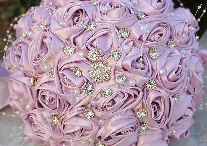 Bridal Wedding Bouquet Round Bling Brooch Bouquet Throw Toss Artificial Rose Flower Bunch for Bride Bridesmaid Wedding Quinceanera(Light Taro Purple, 6.3")