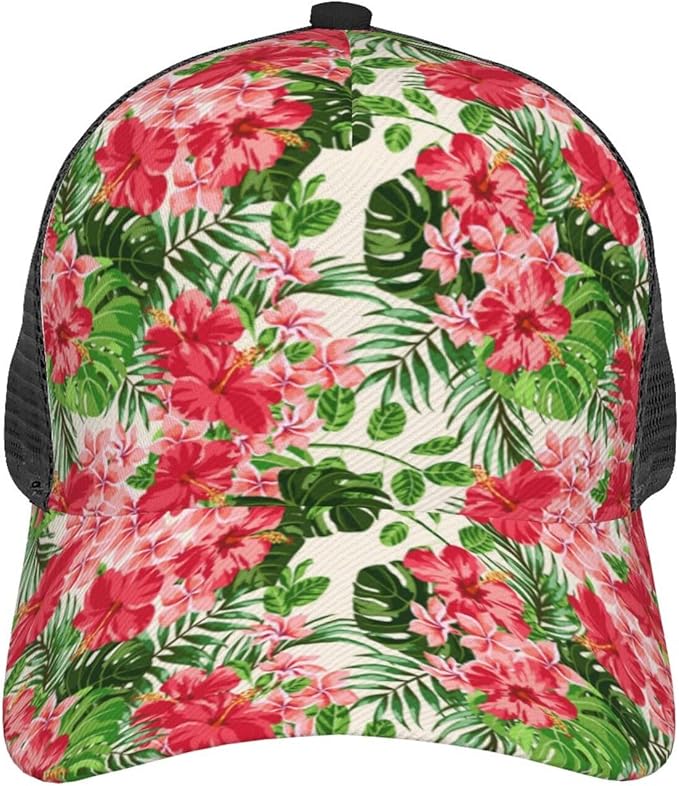 Tropical Pink Flowers Hats Women Men Hawaii Trucker Hat Adjustable Snapback Mesh Baseball Cap Hat